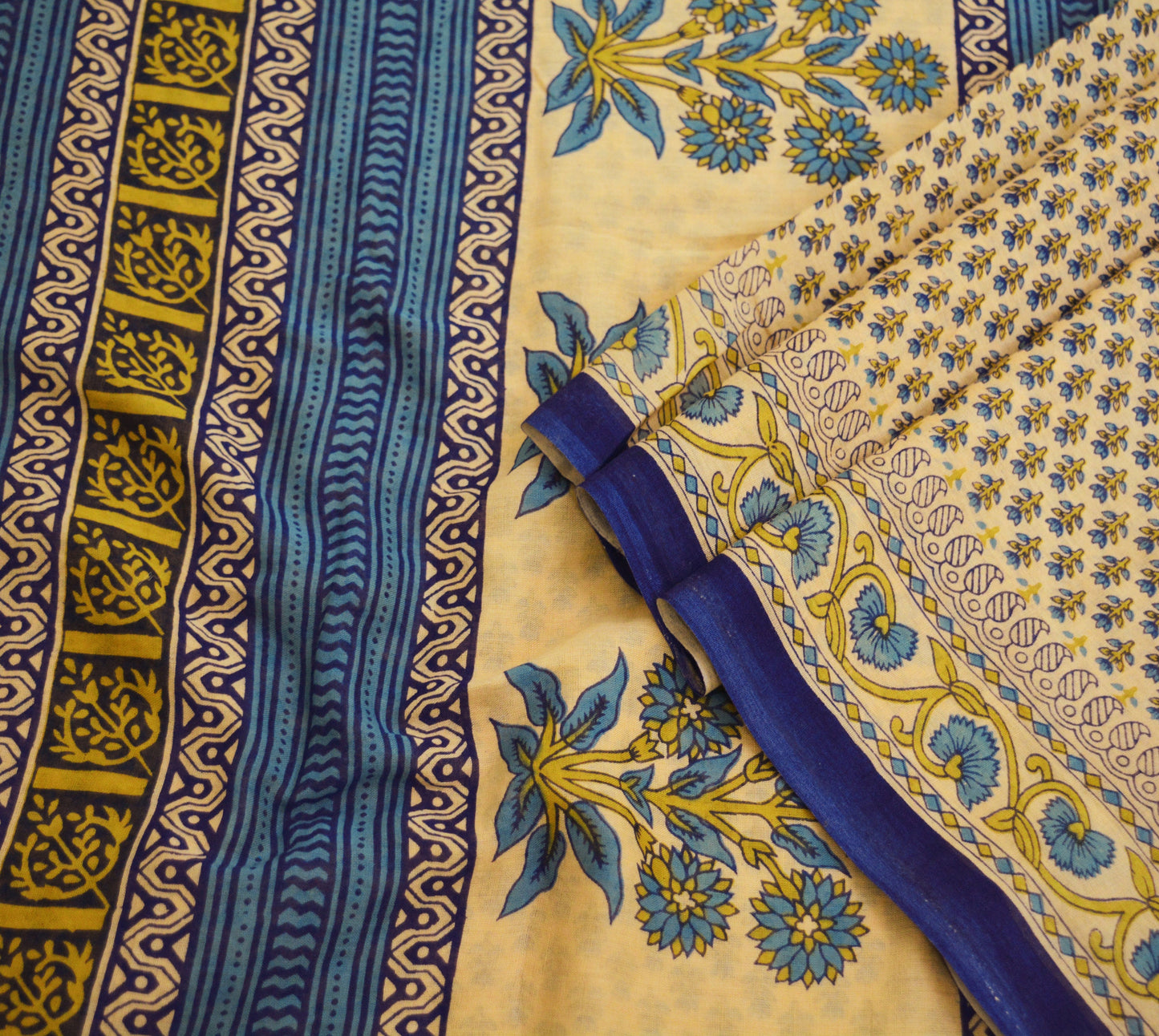 Indian Vintage Sari Blue & Beige Printed 100% Pure Cotton Saree Craft Soft Fabric 5Yard Sewing Sarong Wrap Floral