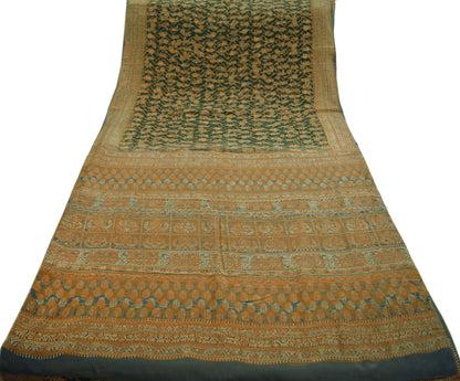 Indian Vintage Sari Green & Gray Pure Crepe Silk Block Printed Saree 5yard Sewing Floral Soft Craft Fabric Wrap