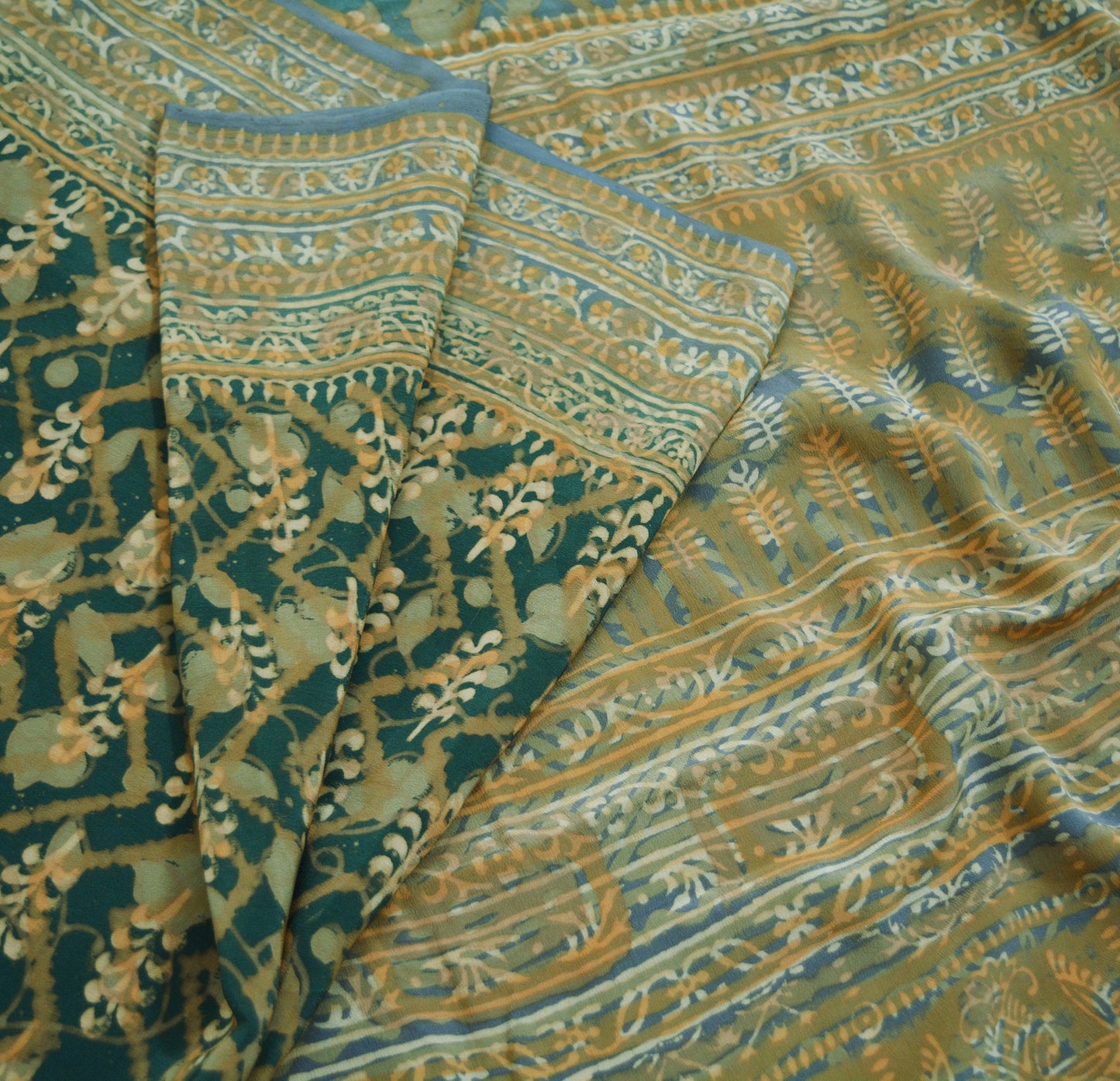 Indian Vintage Sari Green & Gray Pure Crepe Silk Block Printed Saree 5yard Sewing Floral Soft Craft Fabric Wrap