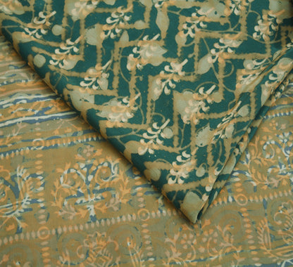 Indian Vintage Sari Green & Gray Pure Crepe Silk Block Printed Saree 5yard Sewing Floral Soft Craft Fabric Wrap