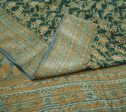 Indian Vintage Sari Green & Gray Pure Crepe Silk Block Printed Saree 5yard Sewing Floral Soft Craft Fabric Wrap