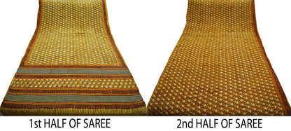 Indian Vintage Sari Mustard  Pure Crepe Silk Block Printed Saree 5yard Sewing Floral Soft Craft Fabric Wrap