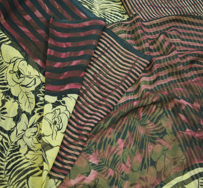 Women Vintage Sari Beige & Black Pure Chiffon Silk Printed Saree Craft Fabric Sewing 5Yard Soft Light Sari Dress Making