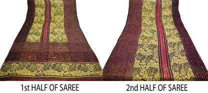 Women Vintage Sari Beige & Black Pure Chiffon Silk Printed Saree Craft Fabric Sewing 5Yard Soft Light Sari Dress Making
