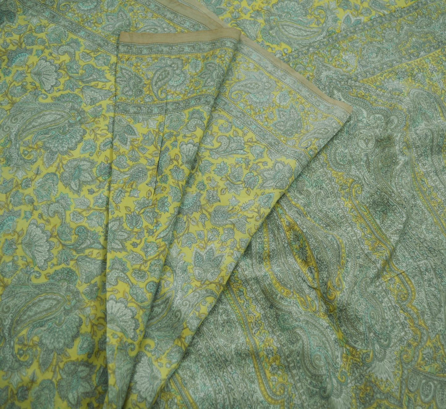 Indian Vintage Sari Green & Yellow 100% Pure Silk Printed Sarees Fabric 5yd Sewing Craft Fabric DressMaking Soft