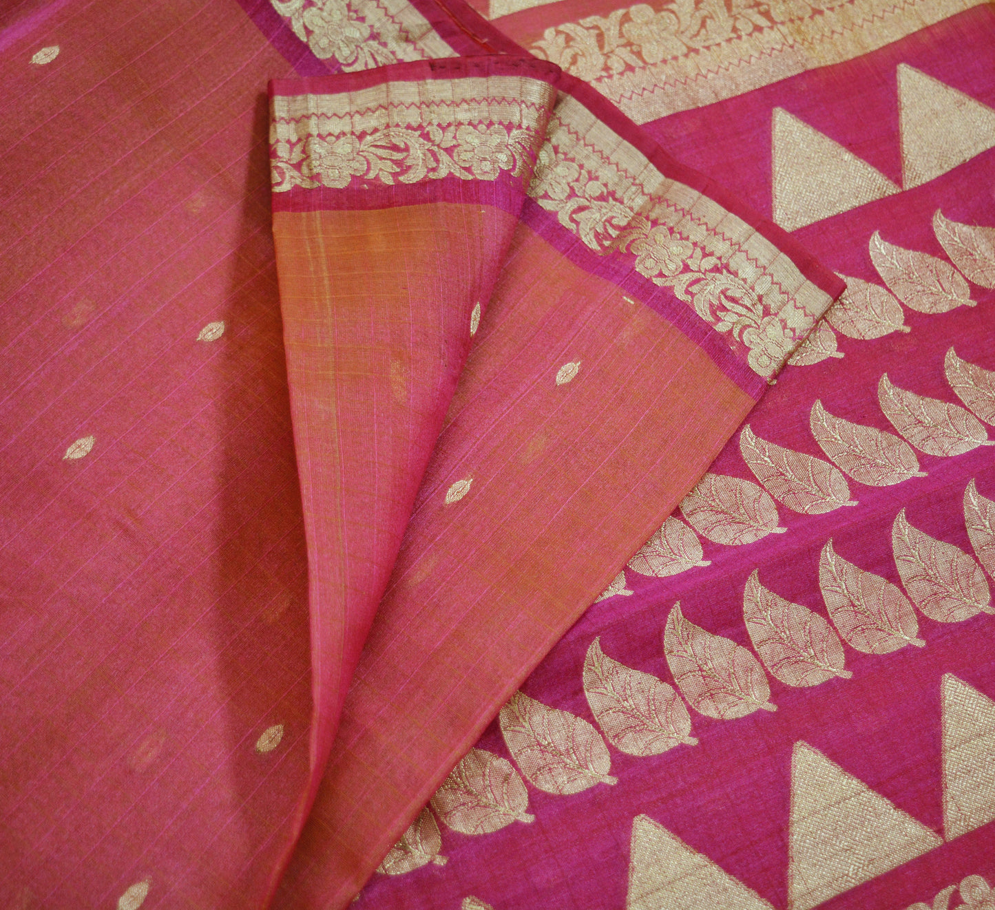 Vintage Pink & Peach Hand Woven Saree 100% Pure Silk Indian Sari Metallic Golden Zari 5Yard Floral Design