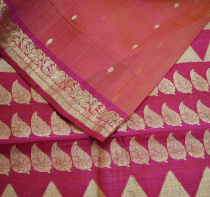 Vintage Pink & Peach Hand Woven Saree 100% Pure Silk Indian Sari Metallic Golden Zari 5Yard Floral Design