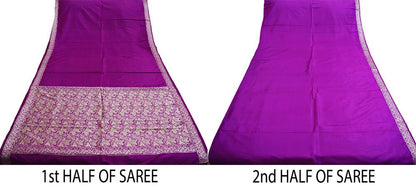 Indian Vintage Purple Sarees Pure Silk Hand Woven Indian Sari Craft Fabric 5Yard Sewing Ethnic Floral