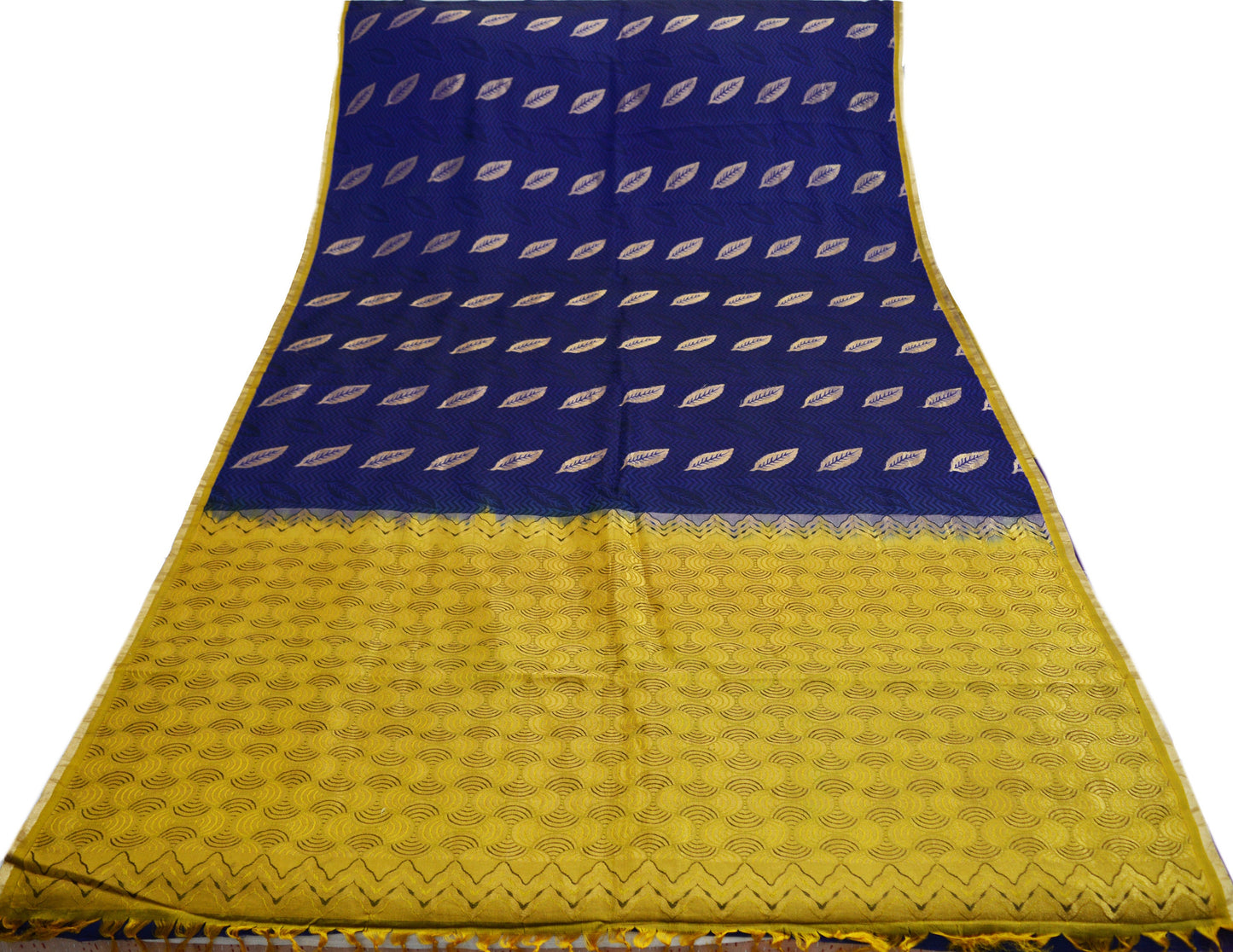 Indian Vintage Saree Saffron & Blue Hand Woven Pure Silk Indian Sari Fabric 5Yard Silk Sari Ethnic Floral Golden Zari Fringes