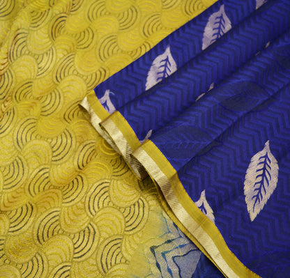 Indian Vintage Saree Saffron & Blue Hand Woven Pure Silk Indian Sari Fabric 5Yard Silk Sari Ethnic Floral Golden Zari Fringes