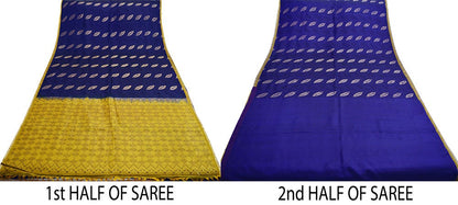 Indian Vintage Saree Saffron & Blue Hand Woven Pure Silk Indian Sari Fabric 5Yard Silk Sari Ethnic Floral Golden Zari Fringes