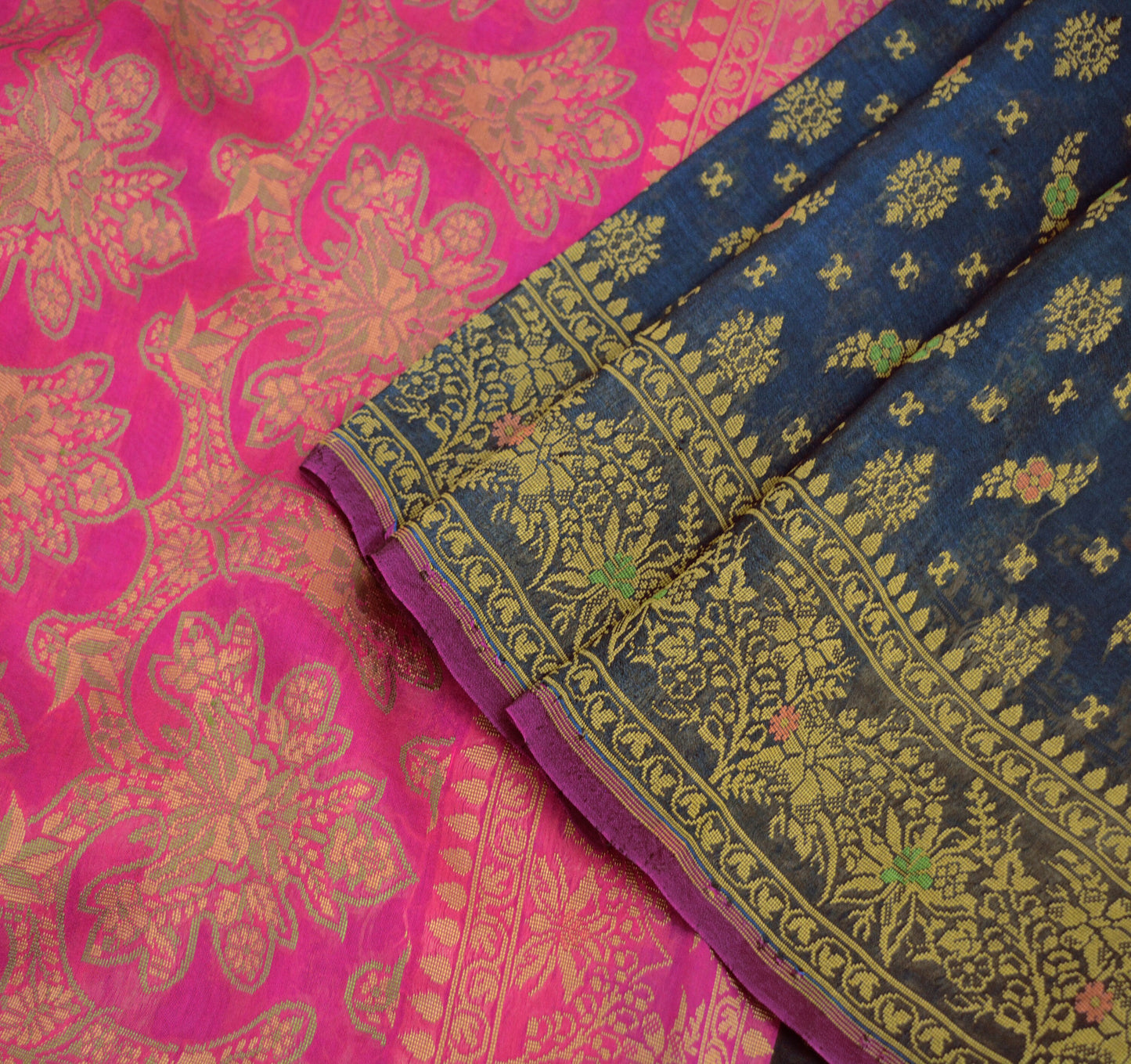 Indian Vintage Sari Heavy Black & Pink Hand Woven 100% Pure Silk Saree Fabric 5Yard Silk Sari Ethnic Floral