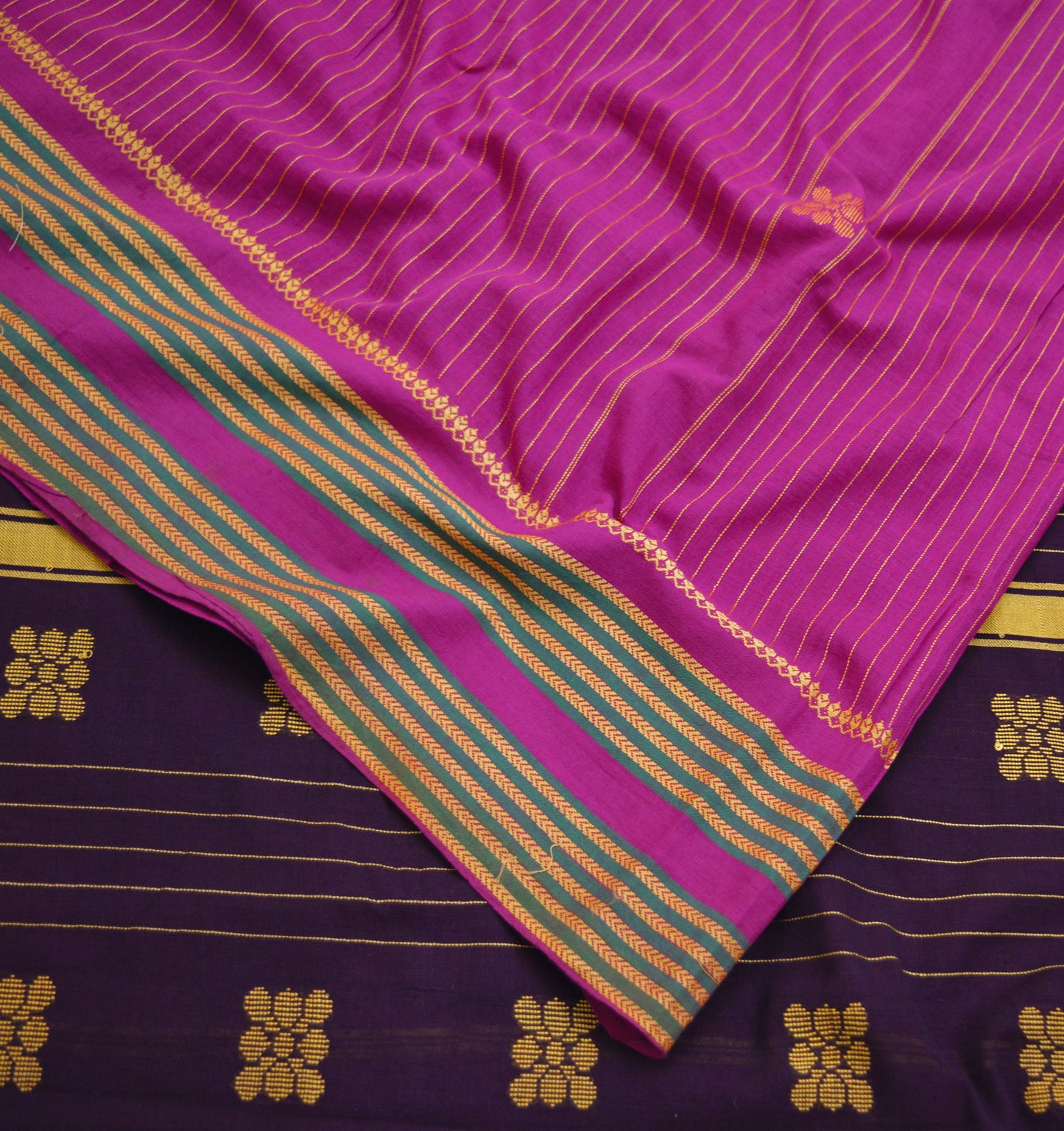 Indian Vintage Sari Purple & Brown Pure Cotton Hand Woven Saree 5yard Ethnic Soft Floral Design