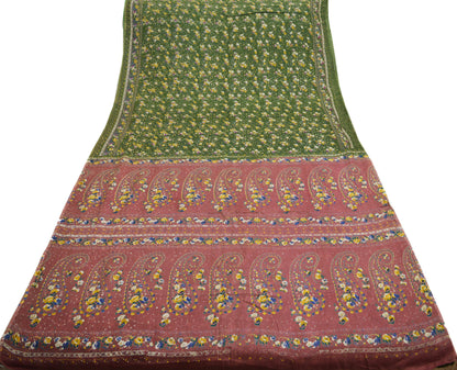 Indian Vintage Sari Green & Brown Printed Pure Cotton Saree Craft Soft Fabric 5Yard Sewing Sarong Wrap Boho Floral