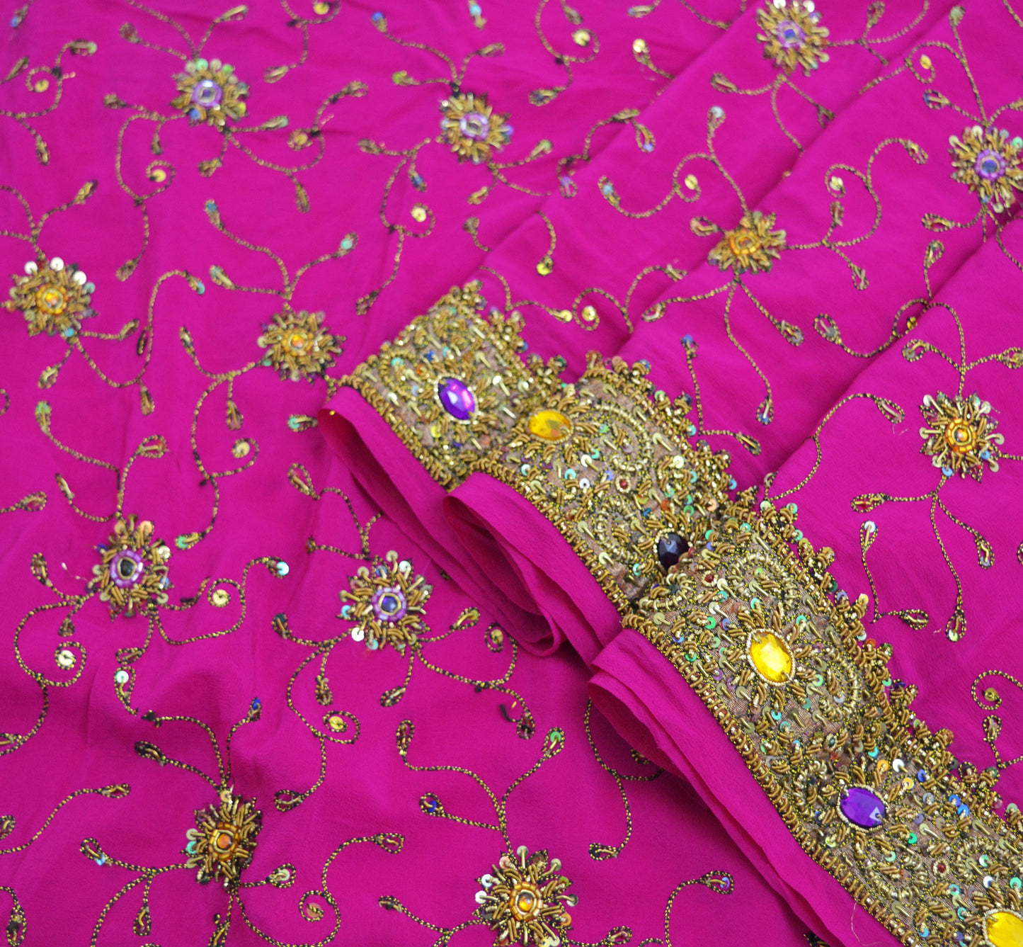 Indian Vintage Pink Saree Pure Crepe Silk Hand Embroidered Indian Sari Fabric 5Yd Sewing Soft Zardozi/Dabka Sequins