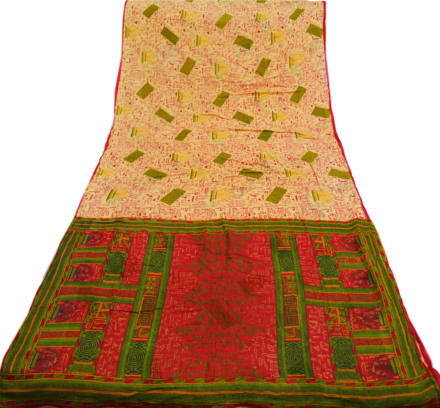 Indian Vintage Sari Yellow & Red Warli Print Pure Cotton Saree Craft Soft Fabric 5Yard Sewing Sarong Wrap Boho dears