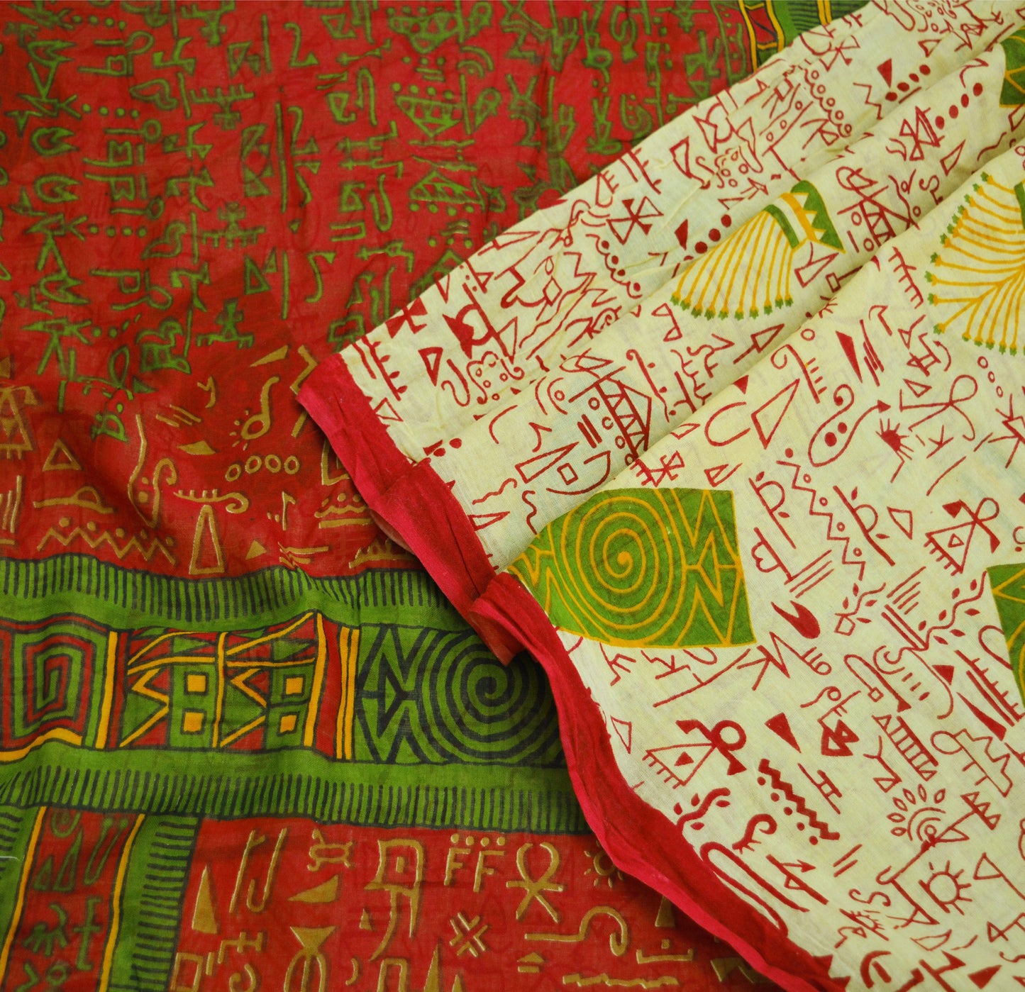 Indian Vintage Sari Yellow & Red Warli Print Pure Cotton Saree Craft Soft Fabric 5Yard Sewing Sarong Wrap Boho dears