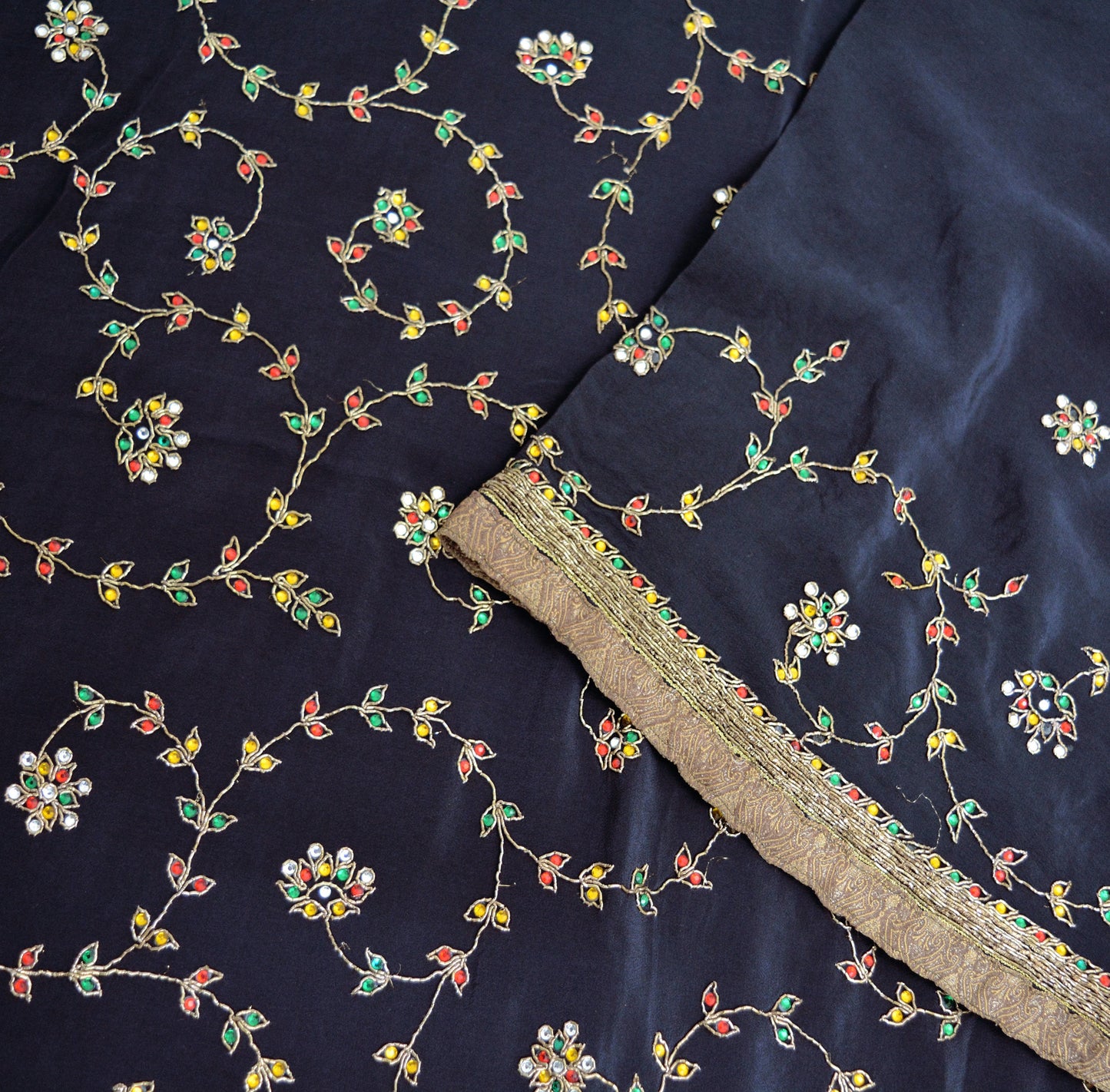 Indian Vintage Black Saree Pure Crepe Silk Hand Embroidered Indian Sari Fabric 6Yd Sewing Soft Zardozi/Dabka