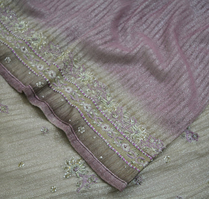 Indian Vintage Silver & Purple Saree Net/Mesh Hand Embroidered Indian Sari Fabric 5Yd Sewing Soft Zardozi/Dabka Zari Sequins