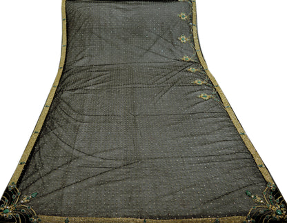 Indian Vintage Black Saree Net/Mesh Hand Embroidered Indian Sari Fabric 5Yd Sewing Soft Sequins