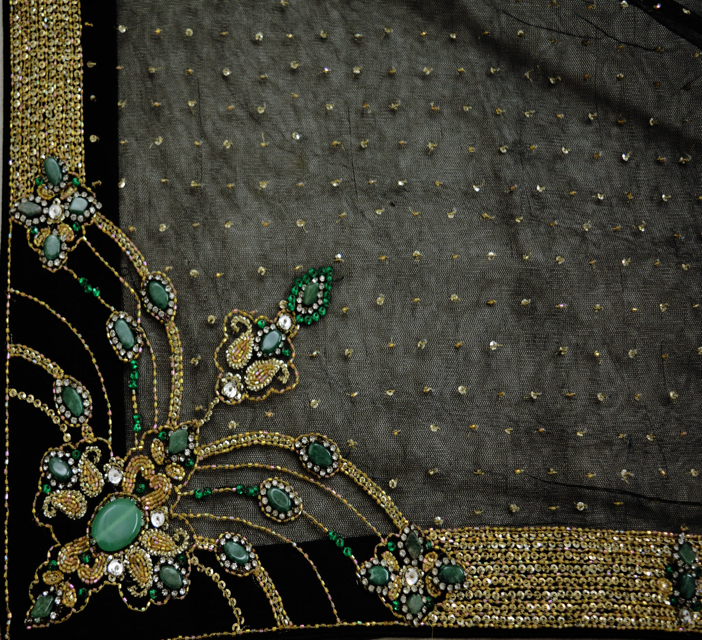 Indian Vintage Black Saree Net/Mesh Hand Embroidered Indian Sari Fabric 5Yd Sewing Soft Sequins