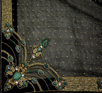 Indian Vintage Black Saree Net/Mesh Hand Embroidered Indian Sari Fabric 5Yd Sewing Soft Sequins