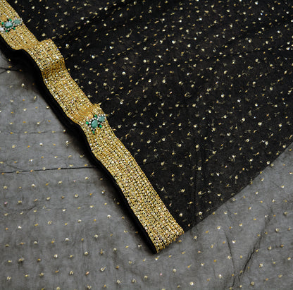 Indian Vintage Black Saree Net/Mesh Hand Embroidered Indian Sari Fabric 5Yd Sewing Soft Sequins