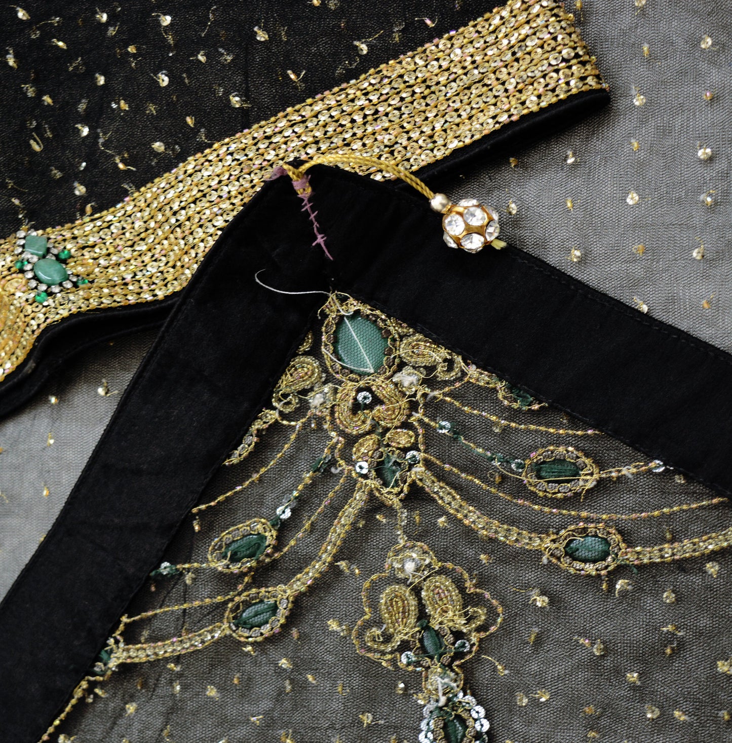 Indian Vintage Black Saree Net/Mesh Hand Embroidered Indian Sari Fabric 5Yd Sewing Soft Sequins