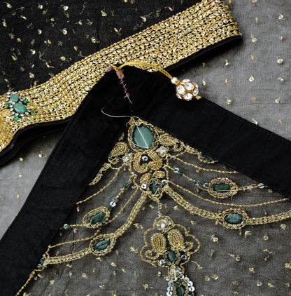 Indian Vintage Black Saree Net/Mesh Hand Embroidered Indian Sari Fabric 5Yd Sewing Soft Sequins