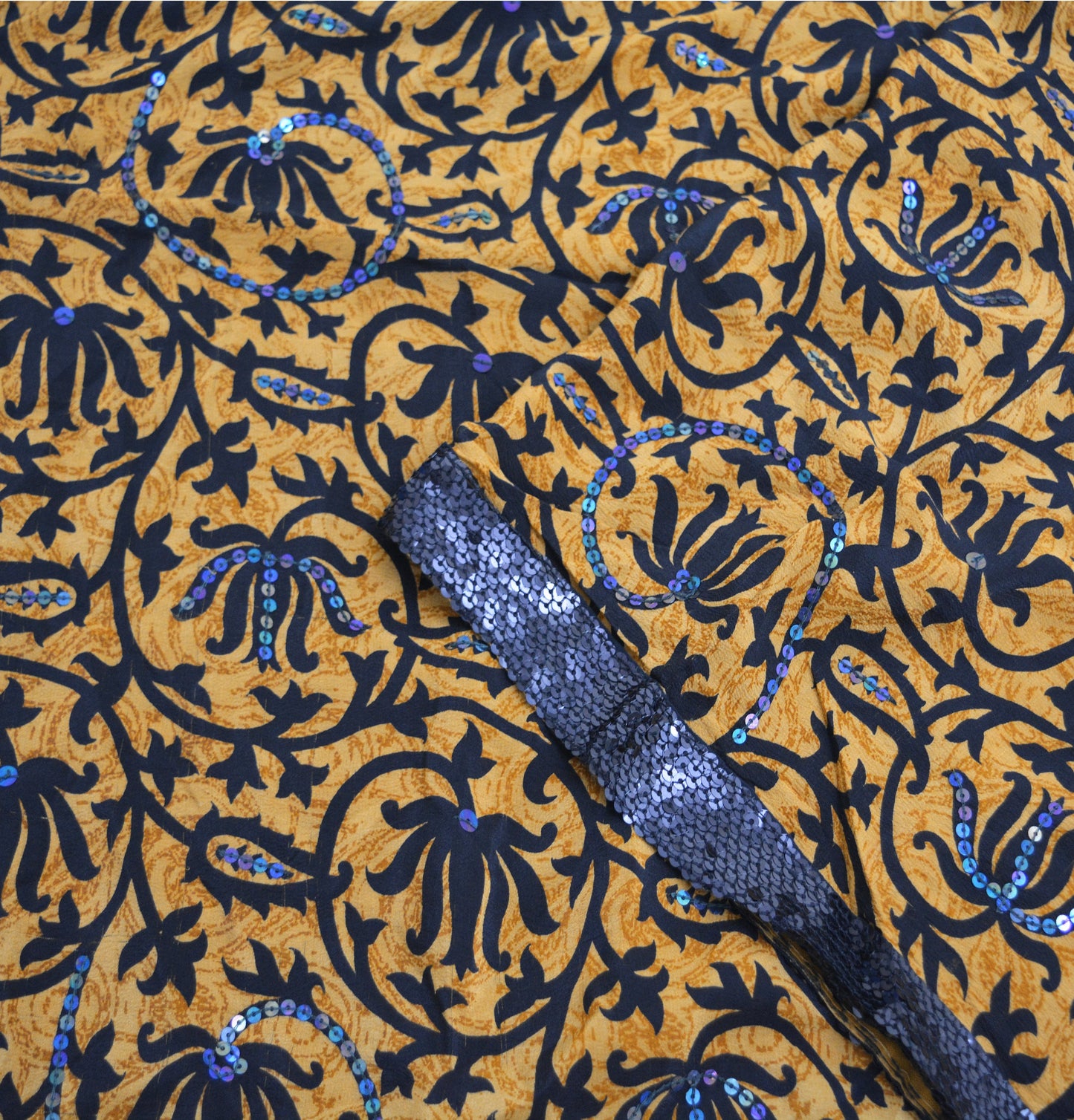 Indian Vintage Sari Saffron Pure Crepe Silk Hand Embroidered Saree 5yard Sewing Floral Craft Sequins