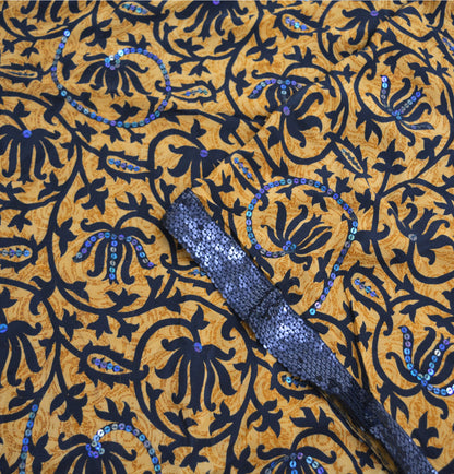 Indian Vintage Sari Saffron Pure Crepe Silk Hand Embroidered Saree 5yard Sewing Floral Craft Sequins