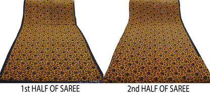 Indian Vintage Sari Saffron Pure Crepe Silk Hand Embroidered Saree 5yard Sewing Floral Craft Sequins