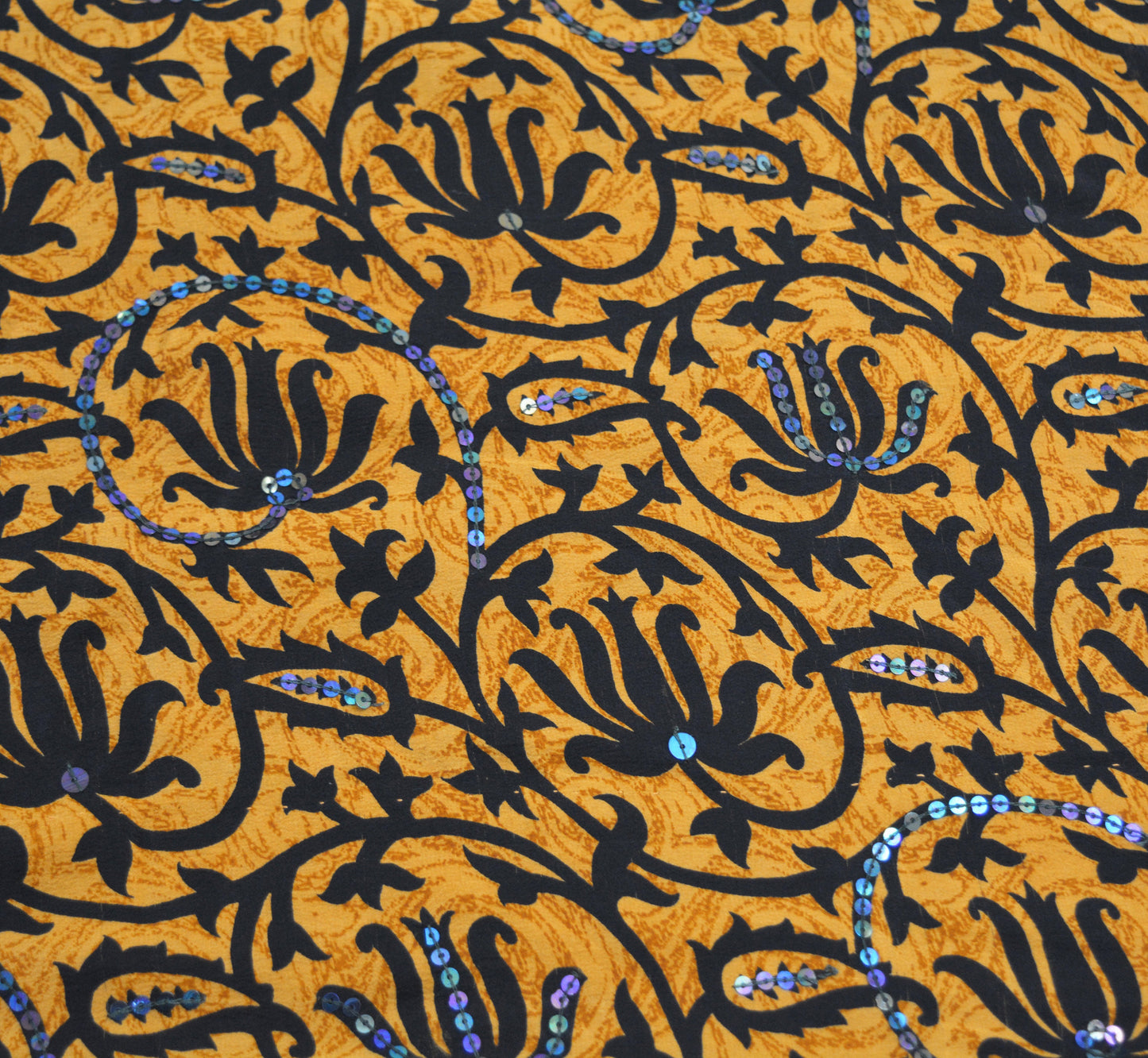 Indian Vintage Sari Saffron Pure Crepe Silk Hand Embroidered Saree 5yard Sewing Floral Craft Sequins