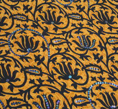 Indian Vintage Sari Saffron Pure Crepe Silk Hand Embroidered Saree 5yard Sewing Floral Craft Sequins