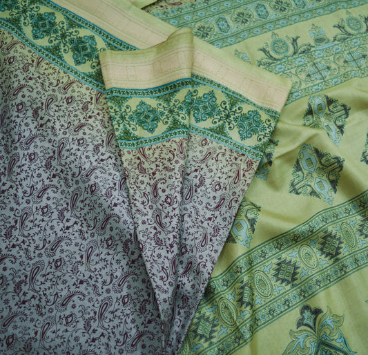 Vintage Sari Green & Gray 100% Pure Silk Printed Saree Fabric 6yard Sewing Soft Dress Designing for Crafting ,Decor