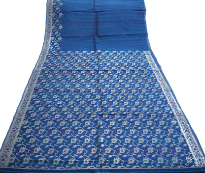 Indian Vintage Blue Sarees Pure Organza Silk Woven Indian Sari Fabric 5Yard Sewing Ethnic Golden Zari Floral