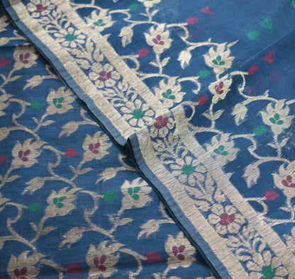 Indian Vintage Blue Sarees Pure Organza Silk Woven Indian Sari Fabric 5Yard Sewing Ethnic Golden Zari Floral