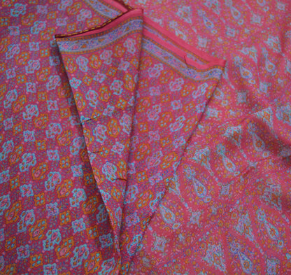 Women Vintage Sari Pink Pure Chiffon Silk Block Printed Saree Craft Fabric Sewing 5Yard Soft Light Sari Dress Making Floral