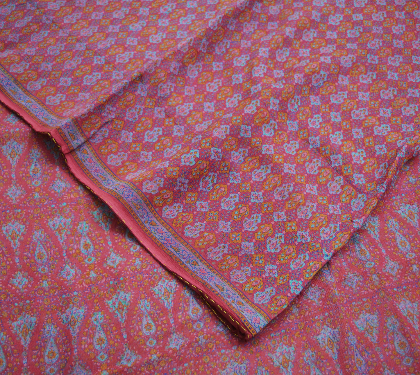 Women Vintage Sari Pink Pure Chiffon Silk Block Printed Saree Craft Fabric Sewing 5Yard Soft Light Sari Dress Making Floral