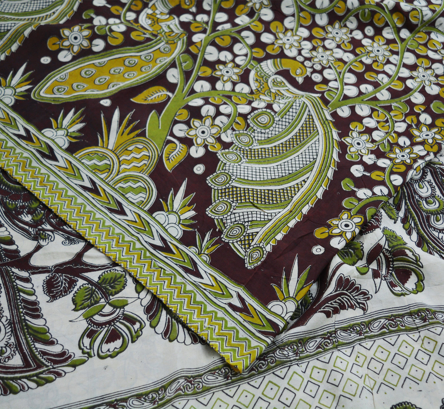 Indian Vintage Sari Kalamkari Printed Pure Cotton Saree Fabric Soft Floral 5Yd Sarong Wrap Fabric Peacock