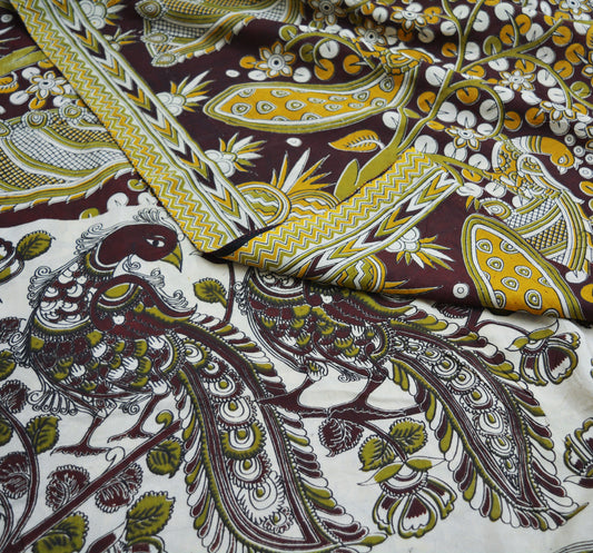 Indian Vintage Sari Kalamkari Printed Pure Cotton Saree Fabric Soft Floral 5Yd Sarong Wrap Fabric Peacock