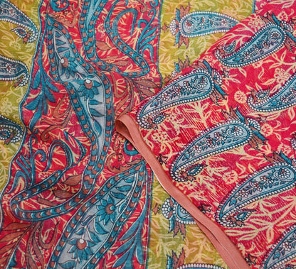 Women Vintage Sari Green & Red Pure Chiffon Silk Printed Saree Craft Fabric Sewing 5Yd Soft Light Sari Dress Making Floral