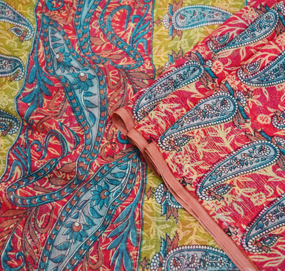 Women Vintage Sari Green & Red Pure Chiffon Silk Printed Saree Craft Fabric Sewing 5Yd Soft Light Sari Dress Making Floral