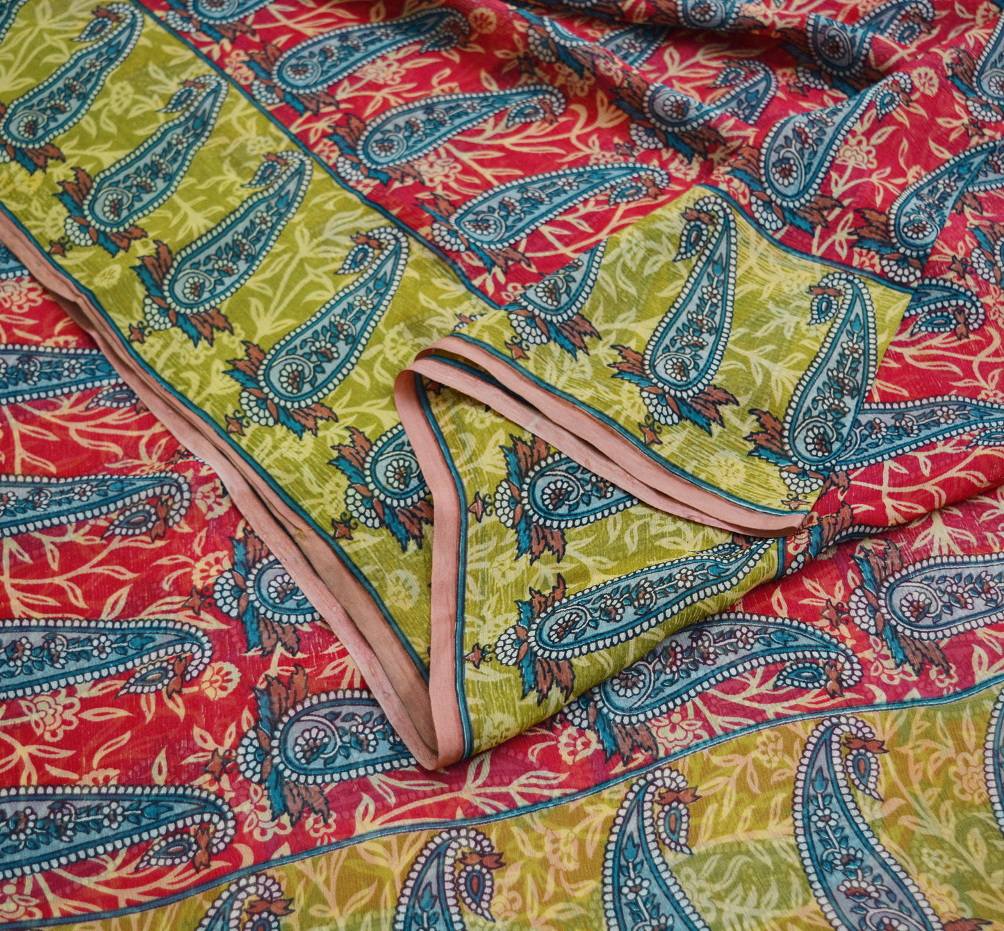 Women Vintage Sari Green & Red Pure Chiffon Silk Printed Saree Craft Fabric Sewing 5Yd Soft Light Sari Dress Making Floral