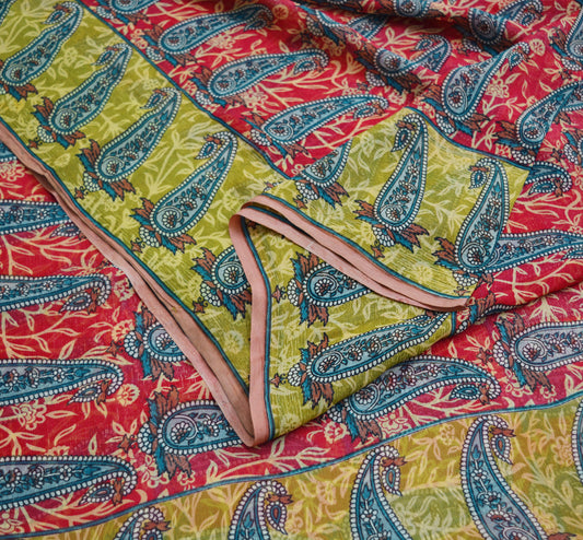 Women Vintage Sari Green & Red Pure Chiffon Silk Printed Saree Craft Fabric Sewing 5Yd Soft Light Sari Dress Making Floral