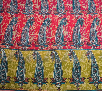 Women Vintage Sari Green & Red Pure Chiffon Silk Printed Saree Craft Fabric Sewing 5Yd Soft Light Sari Dress Making Floral