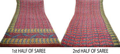 Women Vintage Sari Green & Red Pure Chiffon Silk Printed Saree Craft Fabric Sewing 5Yd Soft Light Sari Dress Making Floral