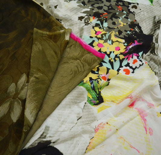 Vintage Green & Black Saree Blend Silk Digital Printed Sari Sewing 5yd Craft Soft Floral Crafting Dress Making