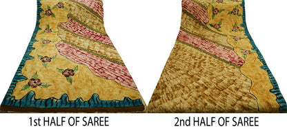 Indian Vintage Sari Beige Pure Crepe Silk Printed Saree 5yard Sewing Floral Soft Craft Fabric Wrap