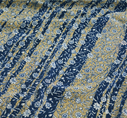 Indian Vintage Sari Beige & Blue Pure Crepe Silk Printed Saree 5yard Sewing Floral Soft Craft Fabric Wrap